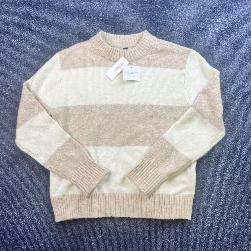 American Eagle Sweater Womens XXS Beige Cream Stripe Crewneck Pullover Knit